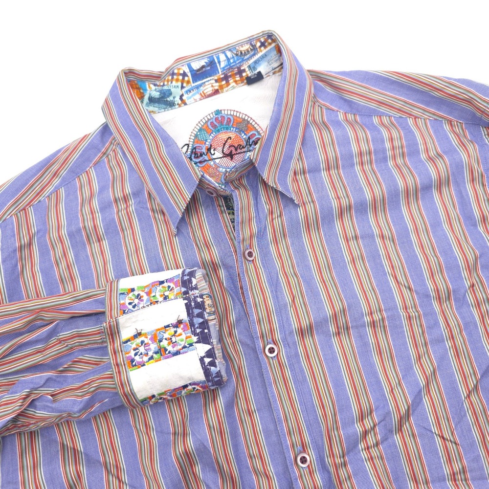 Robert Graham Mens Large Blue Striped Long Sleeve Button Down Shirt Flip Cuff